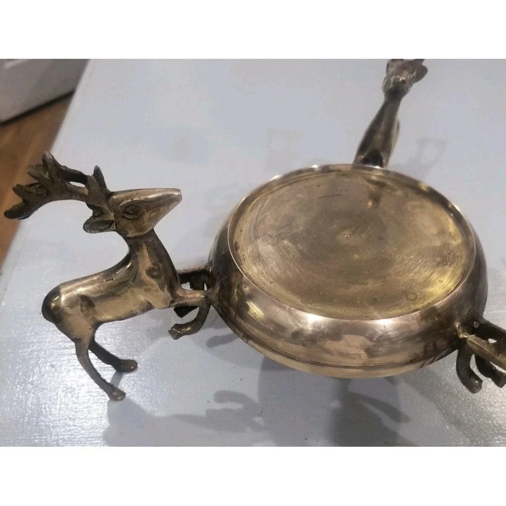 Vintage Solid Brass Reindeer Centerpiece Bowl Stand 3 Leaping Stag Deer 11